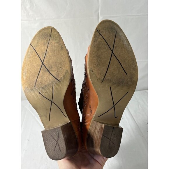 GAP Womens Woven Leather Ankle Bootie 8 British Tan Stacked Mid Heel Boho - Picture 10 of 12